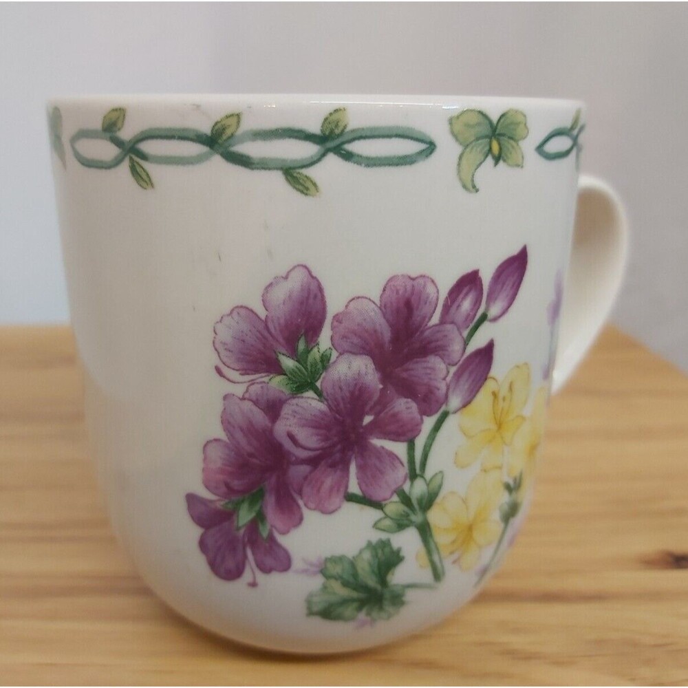 Thompson Pottery Mug Floral Garden Blue Flowers Yellow Flowers Tea